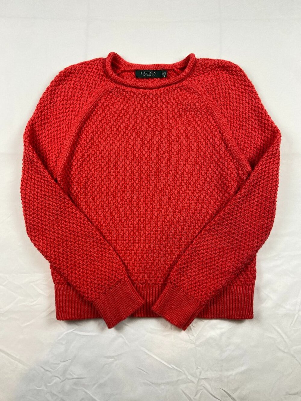 Lauren Ralph Lauren Chunky Knit Cotton Crewneck Sweater Size M Coral Red